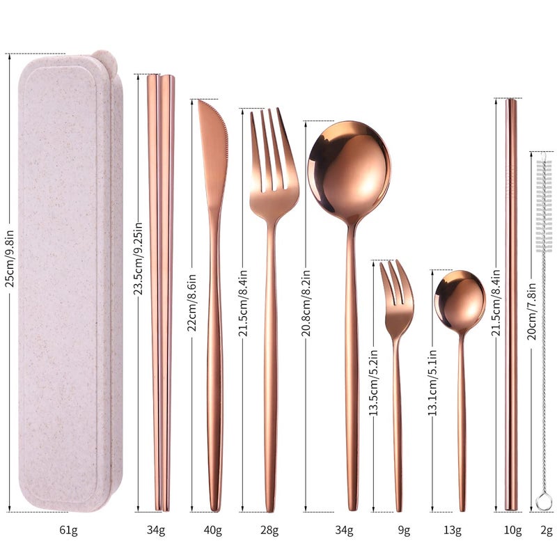 AARAINBOW 8 Pieces Stainless Steel Flatware Set Portable Reusable Cutlery Set Travel Utensils Set Including Chopsticks Knife Fork Spoon Straws Cleaning Brush Dishwasher Safe (Rose Golden) - Image 2